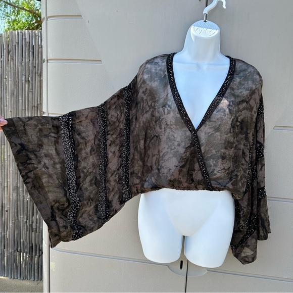 Free People Cropped sheer embellished beaded bell sleeves dye blouson top sz XS - Picture 1 of 15